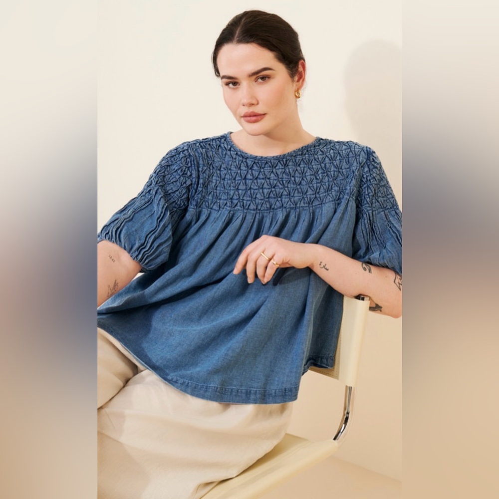 Smocked Blue Women's Peasant Top - Picture 5 of 9